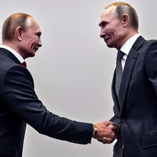 Prompt: telephoto candid cropped photo of billy herrington shakes hands with vladimir putin, press conference, zeiss 1 5 0 mm, sharp focus, natural lighting, ultra realistic, high definition 4 k photo, press photos, g 7 summit