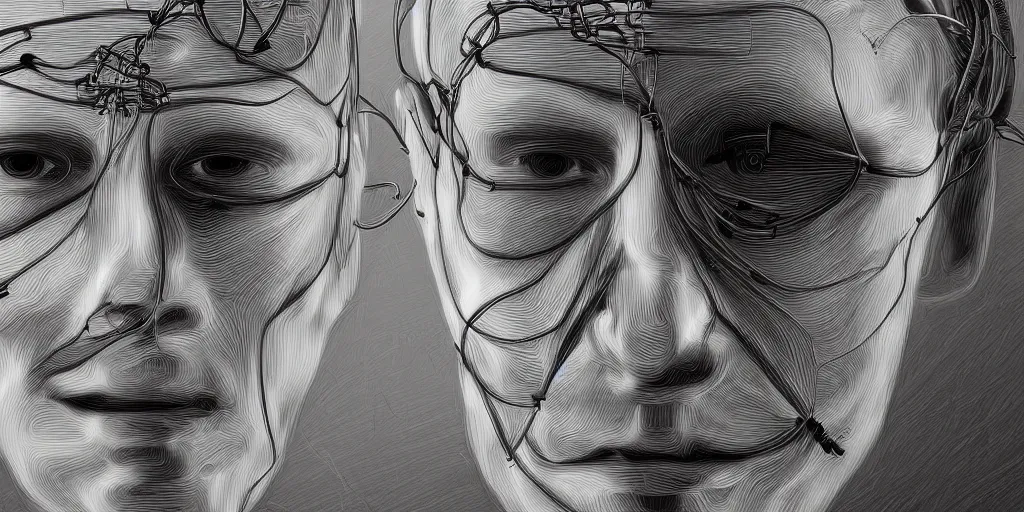 Prompt: x rays of a face transplant with a lot of wires , photorealistic,by Wlop,4k resolution