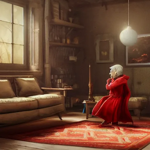 Image similar to werewolf and red riding hood talking in grandma’s living room, 3d scene, render, ultra realistic, zenith view, Greg Rutkowski, artstation, cgsociety, unreal engine, 3d scene, render, ultra realistic