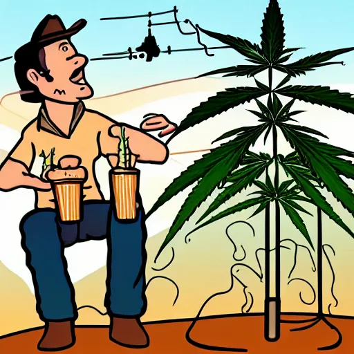 Prompt: an awkward and silly illustration of a cowboy admiring his cannabis plants while a rocket launches in the background