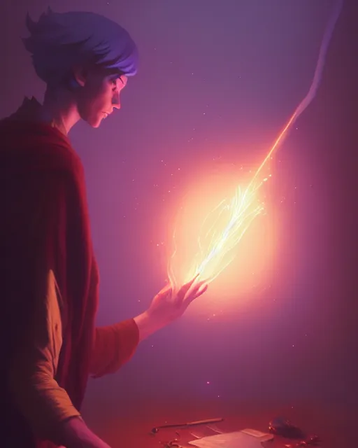Image similar to highly detailed vfx portrait of a mage casting a light spell, unreal engine, greg rutkowski, loish, rhads, beeple, makoto shinkai and lois van baarle, ilya kuvshinov, rossdraws, tom bagshaw, alphonse mucha, global illumination, detailed and intricate environment