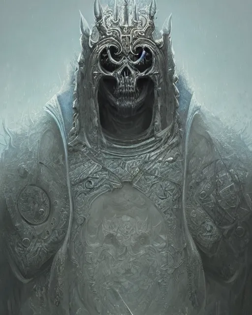 Image similar to a highly detailed character portrait of the Lich King, intricate, digital painting, artstation, intricate, concept art, smooth, sharp focus, illustration, art by Zdzislaw Beksinski