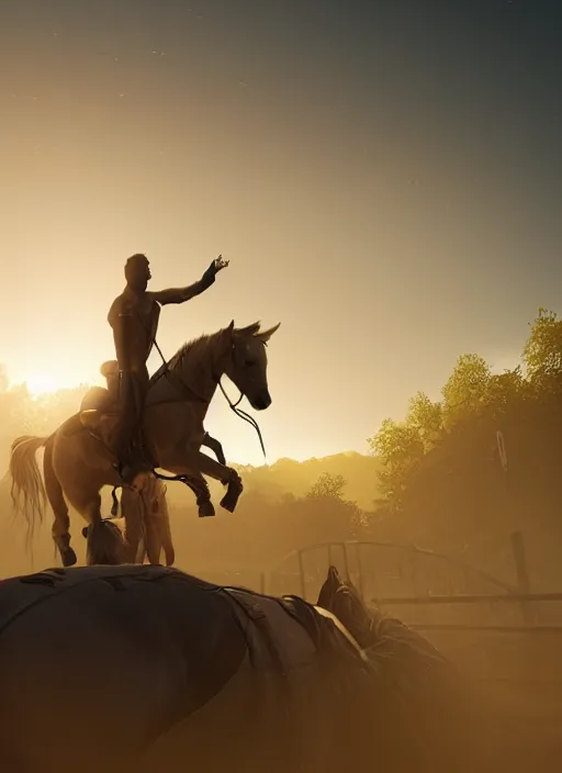 Image similar to man riding horse on shoulders, volumetric lighting, beautiful, golden hour, sharp focus, ultra detailed, cgsociety by leesha hannigan, ross tran, thierry doizon, kai carpenter, ignacio fernandez rios, noir photorealism, film