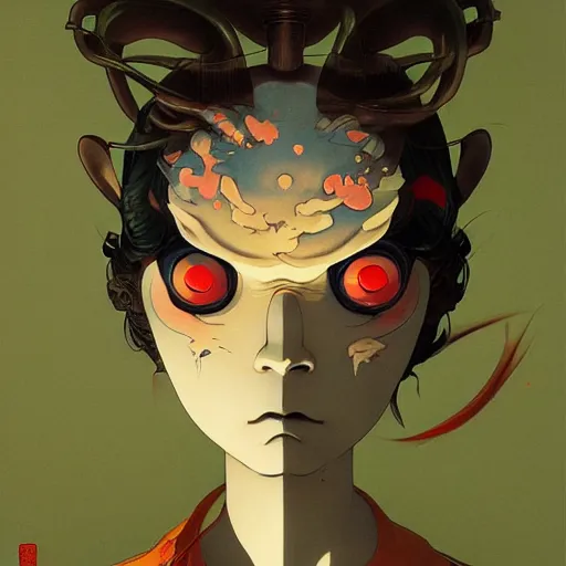 Image similar to prompt : yokai portrait soft light painted by james jean and katsuhiro otomo and erik jones, inspired by evangeleon anime, smooth face feature, intricate oil painting, high detail illustration, sharp high detail, manga and anime 1 9 9 9