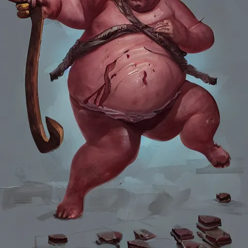 Prompt: a fat fleshy abomination butcher holding a cleaver and a hook hand, meats on the ground, in the style of greg rutkowski, fantasy rpg, league of legends