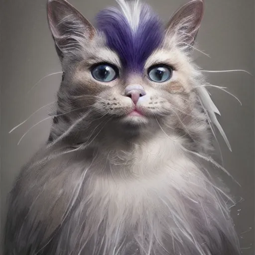 Image similar to portrait character design, a cute feathered cat, feline bird hybrid, feathers plumage, plumed by brian froud, portrait studio lighting by jessica rossier and brian froud