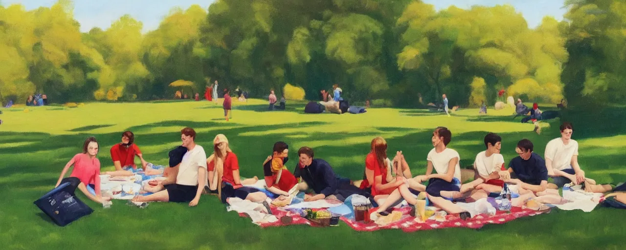 Prompt: a young generation z group of friends having a picnic in a central park manhattan new york on friday mid - summer of 2 0 2 2, in the style of an edward hopper painting
