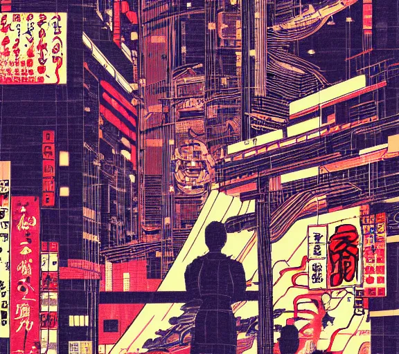 Image similar to futuristic japanese cyberpunk bladerunner silk screen by utagawa yoshiiku, ohara koson, pixiv contest winner, cyberpunk style, cyberpunk color scheme, mechanical, robotic, human machine interface, high resolution, hd