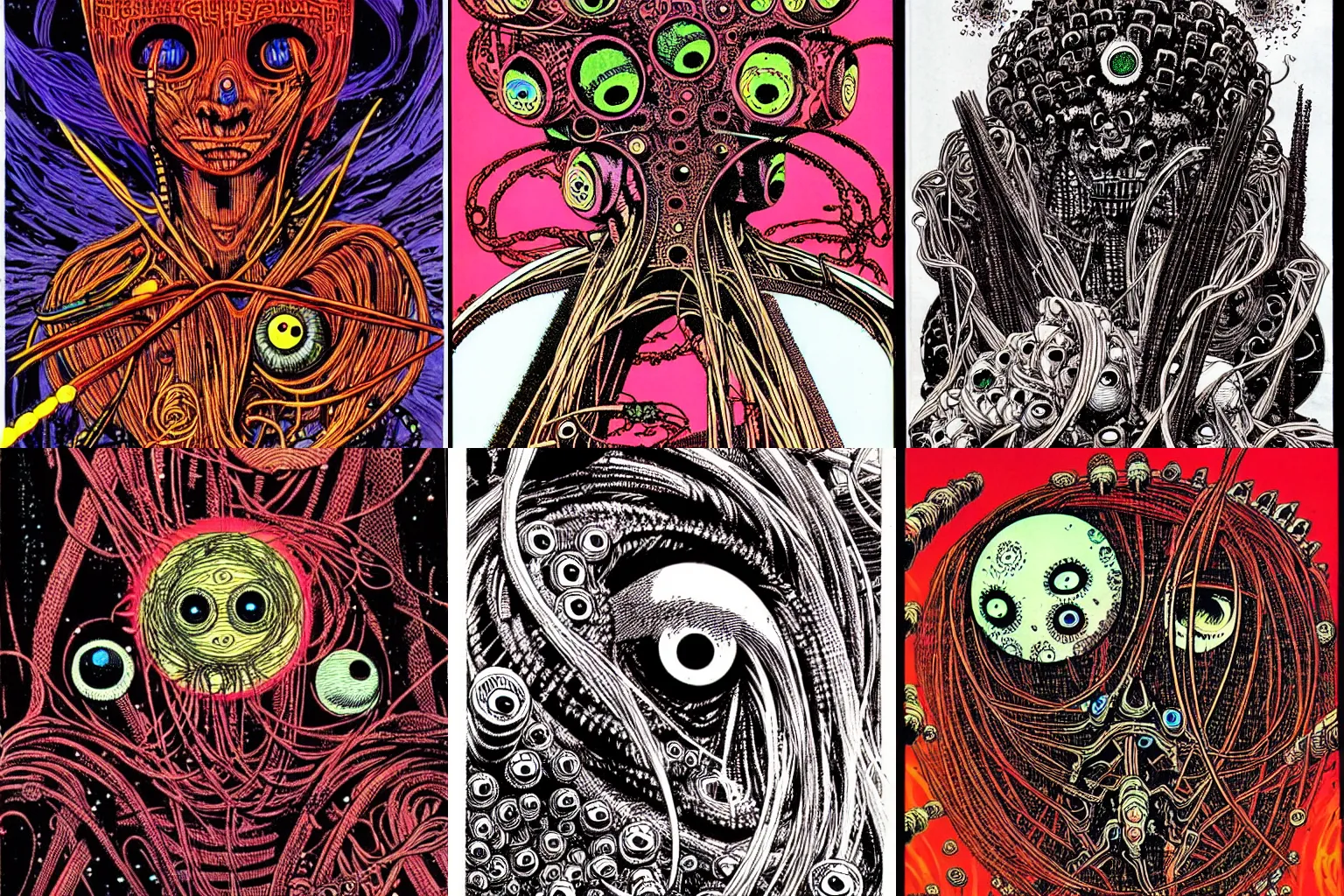 Prompt: spaghetti and eyeballs illustration by Philippe Druillet