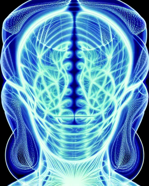 Image similar to alex grey style fractal pattern xray portrait of a glowing alien with space behind them. convergence of a higher mind