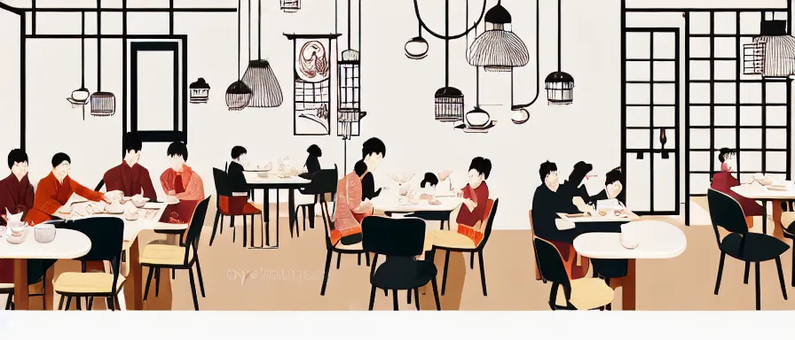 Prompt: a beautiful interior view illustration of a small roasted string hotpot restaurant in yan'an city, corner, restaurant wall paper is tower amd mountain, rectangle white porcelain table, people are eating, black chair, animation illustrative style, from china, simple style structure decoration design, victo ngai, james jean, 4 k hd