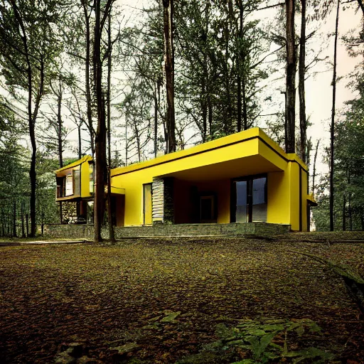 Prompt: architecture ad for a mid-century modern house in the middle of the wood designed by Rem Koolhas. Film grain, cinematic, colorized, yellow hue.