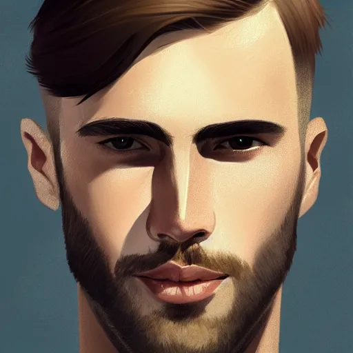 Prompt: tall chunky man in his twenties with brown blond short regular haircut and round facial structure with cleft chin, straight eyebrows, big alert eyes, slightly smiling, cheekbones, straight nose, wider face, shadow of beard, atmospheric lighting, painted, intricate, 4 k, highly detailed by charlie bowater