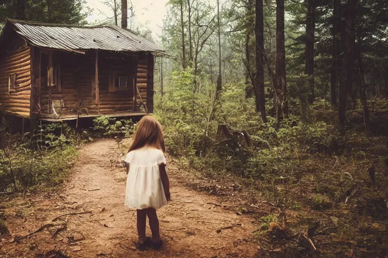 Image similar to a girl and his brother that is lost in the middle of a forest, infront of them is a mysterious dirty dusty cabin wooden house