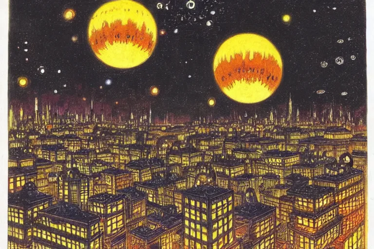 Image similar to a scifi illustration, Night City on Coruscant by Louis Wain (1920)