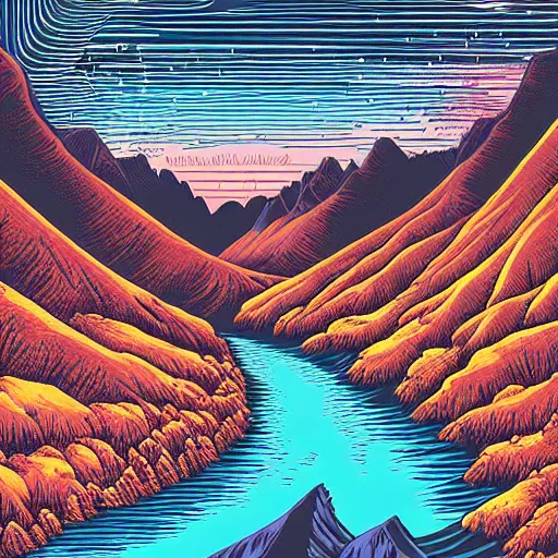 Image similar to Mountains and rivers by Dan Mumford