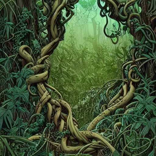 Image similar to EXTREMELY DETAILED TWISTED DENSE vegetation stunning jungle beautifully-rendered verdant green ENT NYMPH twisting winding knotted tangled vines and trees by moebius by James Jean, by Mike Mignola comic graphic novel style action illustration COMPLICATED INTRICATE BUSY, gritty textured, trending on artstation