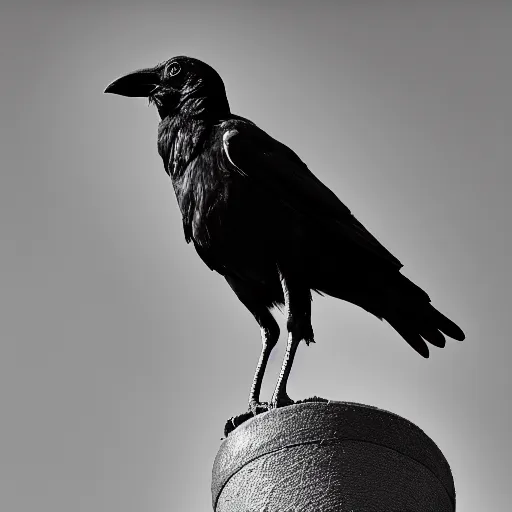 Image similar to a black and white highly detailed and realistic statue of a crow, museum lighting, award winning, masterpiece, nature photography, national geographic, construction site, black and white, high contrast, grainy