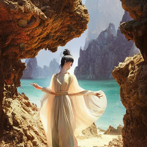 Prompt: beautiful oriental girl walks around Socotra among endemic plants and snags in a long transparent flowing dress and meets mystical animals, mystical insects, mystical birds, lizards, snakes, gorgeous, Atmosphere, hypnotic dimensions, mythology, Rococo, photorealism, in the style of Jin Kagetsu, James Jean and wlop, Valentin Serov style, Zdzislaw Beksinski style, hyperrealistic, sharp focus, intricate concept art, digital painting, ambient lighting, 4k, hdt, artstation trending on Gsociety, trending on ArtstationHQ, trending on deviantart, professionally post-processed, wide-angle action dynamic portraithyperdetailed, hyper quality, 16K