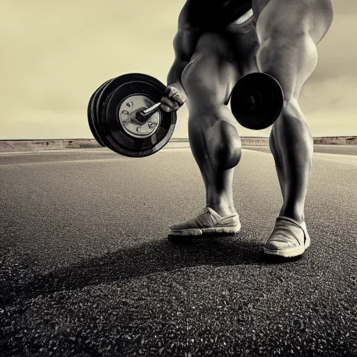 Prompt: car, bodybuilder, woman, weightlifting, toy, road, photo, digital art, hands, underbody