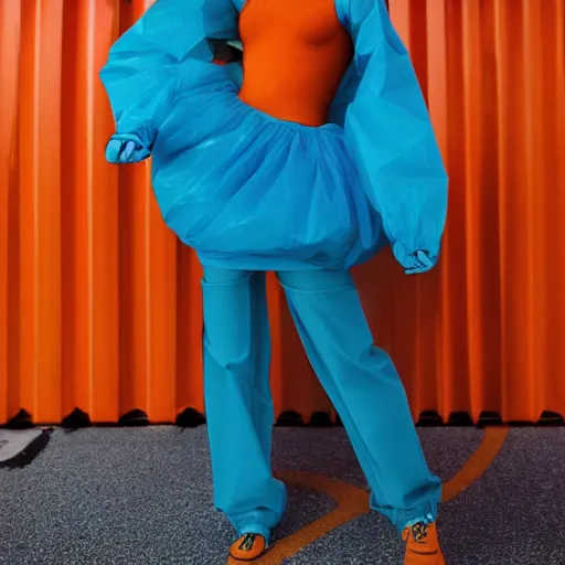 Image similar to the 2 0 2 2 award winning photo of ariana grande wearing a trash bag, cinematic, atmospheric, vivid, colorful, orange & teal, susan worsham photograph