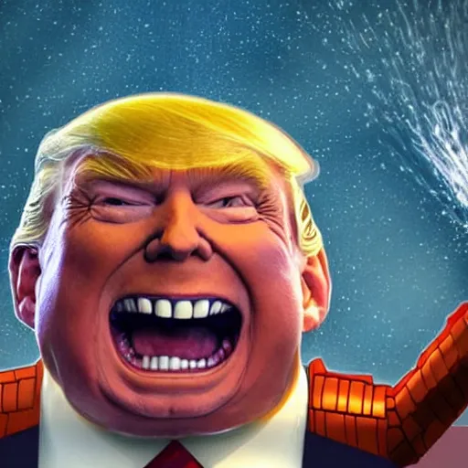 Image similar to donald trump's head as modok, the mental organism designed only for killing, little man in hovering throne, full body, psychic alien with huge head, marvel supervillain character