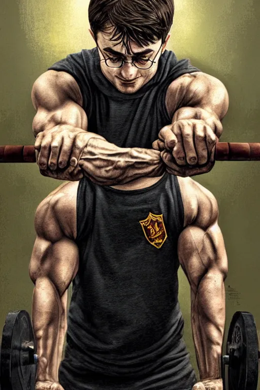 Image similar to highly detailed rendering of Daniel Radcliffe as Harry Potter doing barbell back squats, dingy workout gym, wearing a muscle tee shirt, muscular deep squats, symmetrical, highly detailed, digital painting, artstation, concept art, smooth, sharp focus, illustration, cinematic lighting, art by artgerm and greg rutkowski and alphonse mucha