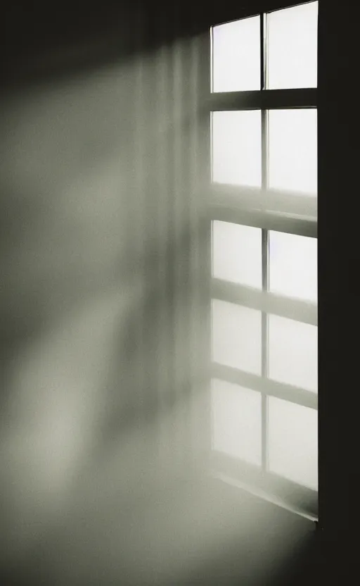 Image similar to dramatic photograph of light coming through a window in a dark room, volumetric fog