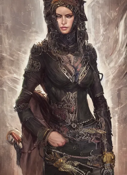 Prompt: full body concept art illustration oil painting of a D&D female thief in intricate clothing with a very beautiful face and centered eyes, ultra detailed, octane render, 8K, dystopian, micro details
