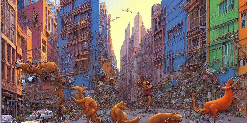 Image similar to a city of recycled materials, colorful murals, low buildings, and animal people in the streets, art by james gurney, art by moebius, detailed