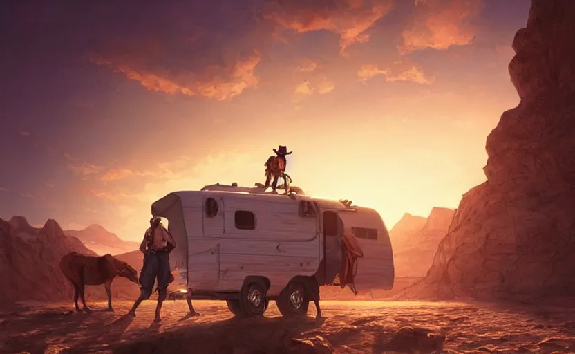 Image similar to a scene of a camper in the desert, a cowboy in the foreground looking epic, full shot, atmospheric lighting, detailed faces, by makoto shinkai, stanley artgerm lau, wlop, rossdraws