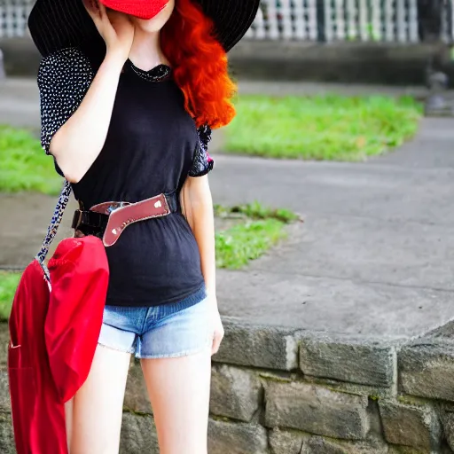 Image similar to red headed young woman wearing a wide brimmed straw hat and a fanny pack, belt bag, bum bag