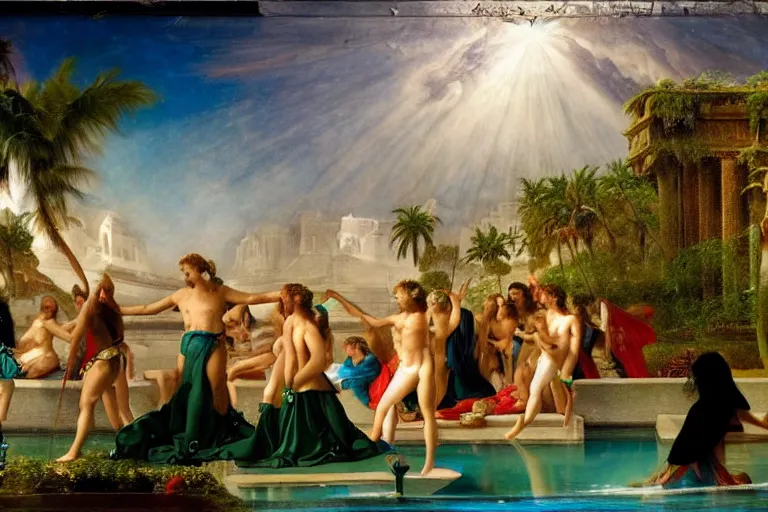 Prompt: Palace floating in heaven, 1km tall, thunderstorm, greek pool, beach and tropical vegetation, major arcana sky, people dancing by paul delaroche, hyperrealistic 4k uhd, award-winning very detailed, heaven paradise