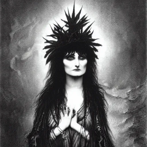 Image similar to siouxsie sioux, creepy atmosphere, dark, portrait, realistic, very realistic, illustration by gustave dore