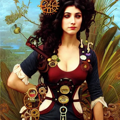 Image similar to a portrait painting of a steampunk fantasy lady, highly detailed, art by tristan eaton and artgerm and william - adolphe bouguereau