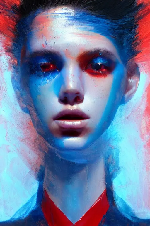 Image similar to 3 d, sci - fi, sun rays, sleepy fashion model face, detailed blue, cinematic, vogue cover style, poster art, light red and deep blue mood, realistic painting, intricate oil painting, high detail, figurative art, multiple exposure, poster art, 3 d, by tooth wu and wlop and beeple and greg rutkowski