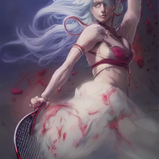 Image similar to shalltear bloodfallen playing tennis, detailed, centered, digital painting, artstation, concept art, donato giancola, joseph christian leyendecker, wlop, boris vallejo, breathtaking, 8 k resolution, extremely detailed, beautiful, establishing shot, artistic, hyperrealistic, beautiful face, octane render, cinematic lighting, dramatic lighting, masterpiece