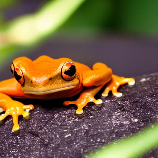 Prompt: photo [ orange frog ] with [ teal eyes ]