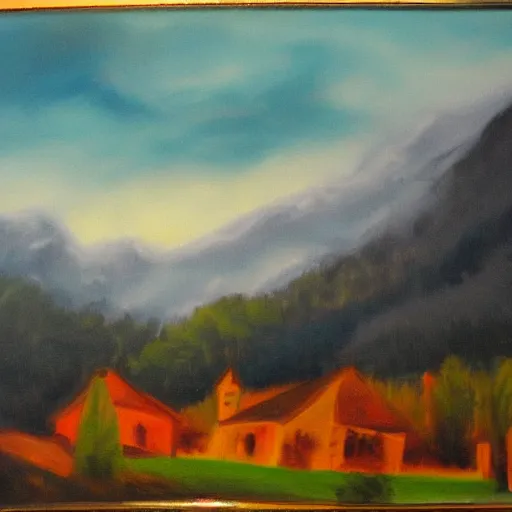 Prompt: munich gloomy dark mountain background oil painting