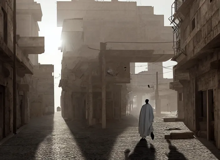 Image similar to old jeddah city alley, roshan, old shops, horse, magical gateway to another dimension, a man wearing a white robe standing watching over, sci - fi, dramatic lighting, dawn, by caspar david friedrich, unreal engine 5