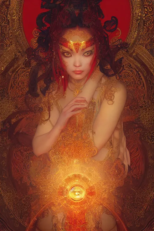 Image similar to tarot card artstation, portrait of an asian love dancer, sunrise, baroque ornamnet and rococo ornament, ancient chinese ornate, hyperdetailed, beautiful lighting, craig mullins, mucha, klimt, yoshitaka amano, red and gold and orange color palatte