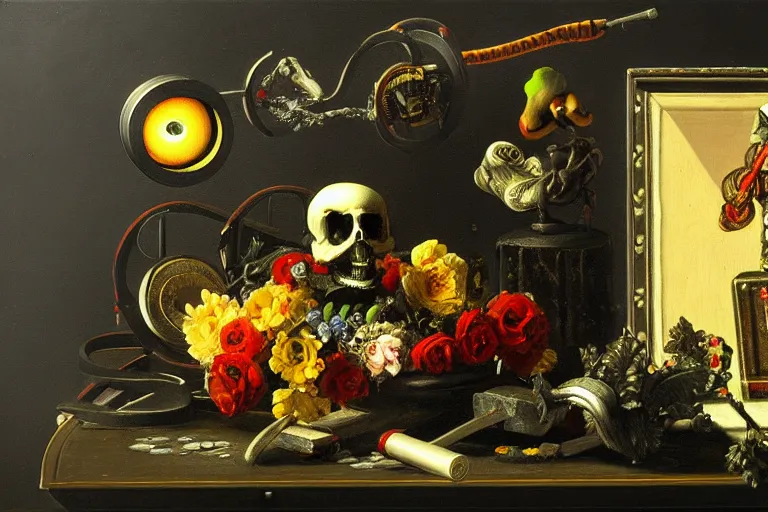 Image similar to a vanitas painting depicting an NVIDIA RTX A100 GPU, graphics card