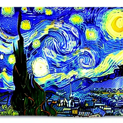 Prompt: starry night on mars, green towers, painting by van gogh
