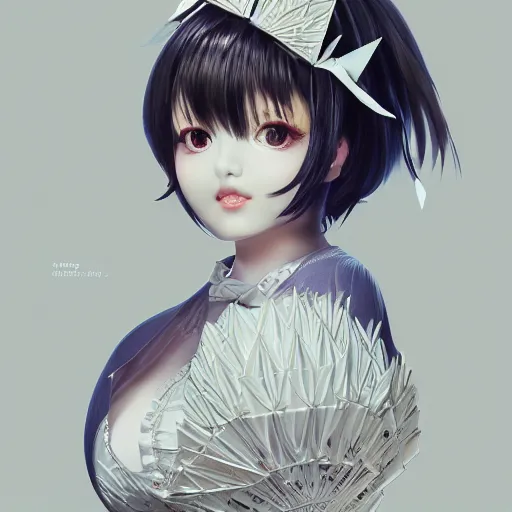 Prompt: the portrait of an absurdly beautiful, elegant, fashionable gravure idol made of white paper origami cranes, hyperrealistic anime illustration by kim jung gi, iralki nadar, extremely detailed intricate linework, reflective eyes, smooth, super sharp focus, bright colors, high contrast, matte, octopath traveler, octane render, global illumination, radiant light