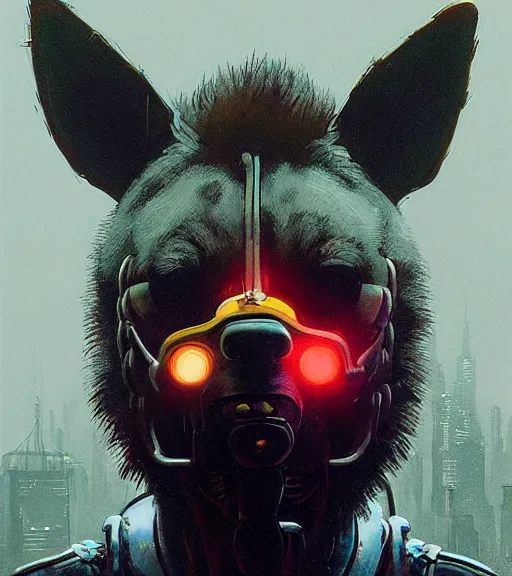 Prompt: new york city portrait of furry anthro anthropomorphic spotted hyena head animal person fursona wearing clothes strange cybernetic shiny metal muzzle gloomy rainy screenshot from the video game cyberpunk 2077 digital art by Greg Rutkowski, Simon Stalenhag, christopher nolan trending on Artstation, CGSociety