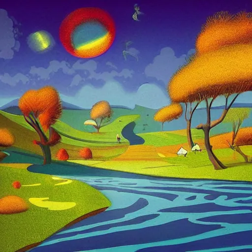 Image similar to A beautiful computer art of a landscape. It is a stylized and colorful view of an idyllic, dreamlike world with rolling hills, peaceful looking animals, and a flowing river. The scene looks like it could be from another planet, or perhaps a fairy tale. by Joe Shuster amorphous, angular