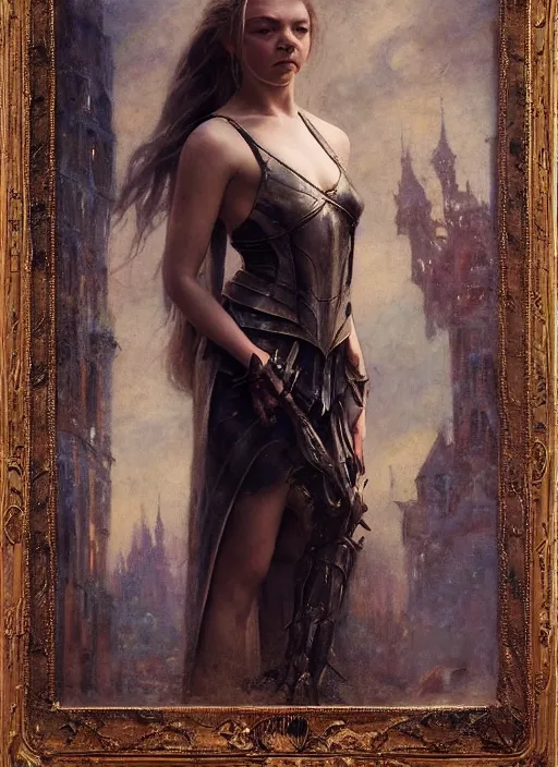 Image similar to young beautiful mischievous natalie dormer wearing black medieval armour, bare legs, detailed, by gaston bussiere, bayard wu, greg rutkowski, giger, maxim verehin, greg rutkowski, masterpiece, sharp focus, cinematic lightning