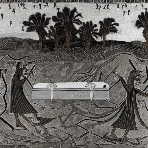 Image similar to A beautiful photograph of a coffin being carried by six men through an ethereal, otherworldly landscape. The coffin is adorned with a relief of a skull and crossbones, and the men are all wearing hooded cloaks. The landscape is eerie and foreboding, with jagged rocks and eerie, glowing plants. in Ancient Egypt, roman mosaic by Francesca Woodman, by Malcolm Liepke, by Mark Lague elaborate