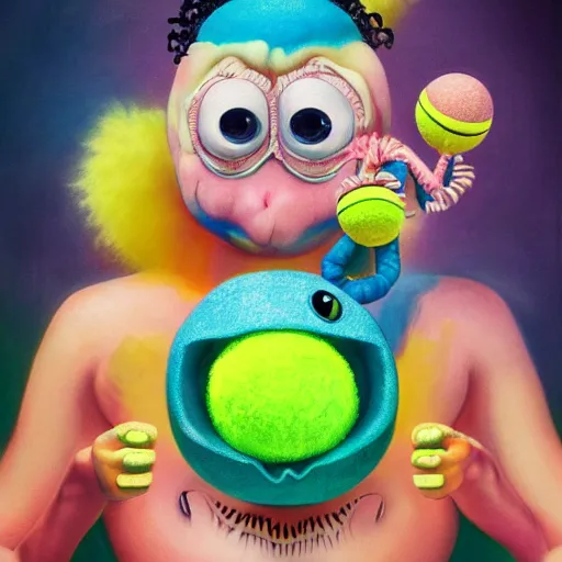 Image similar to a baby monster with six arms, Lofi vaporwave portrait tennis ball monster,chalk, Pixar style, Tristan Eaton, Stanley Artgerm, Tom Bagshaw, Basil Gogos