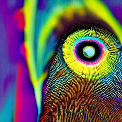 Image similar to front facing bird staring two eyes directly into camera with psychedelic background